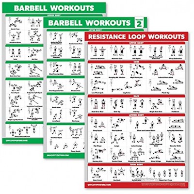 Palace Learning 3 Stück – Langhantel-Workout-Poster Volumen 1 & 2 + Widerstandsschlaufen Übungstabelle – Set mit 3 Postern