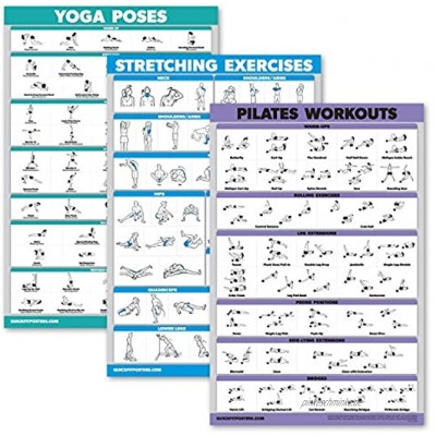 QuickFit Yoga-Posen + Dehnübungen + Pilates-Matte Worksposter-Set – Set mit 3 Workout-Diagrammen.