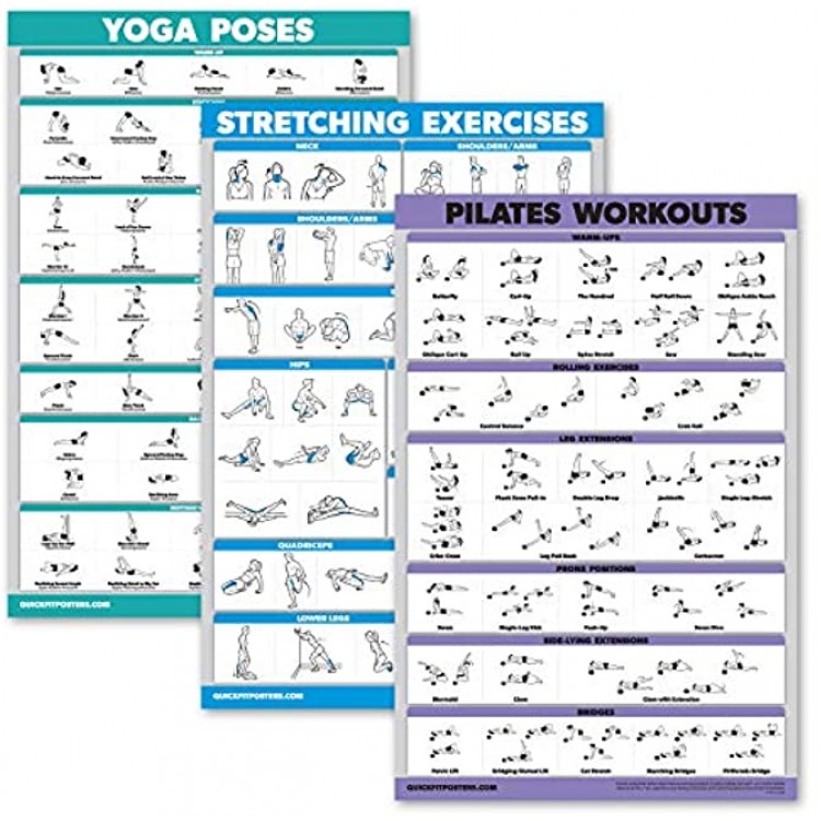 QuickFit Yoga-Posen + Dehnübungen + Pilates-Matte Worksposter-Set – Set mit 3 Workout-Diagrammen.