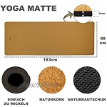 Brotherbase Yogamatte aus Kork im Set mit Zwei Yogablöcken Klotz und einem Yogagurt als Hilfsmittel und zum Tragen der Matte Sportmatte 183 x 68 x 0,5 cm rutschfest aus Naturkautschuk und Kork