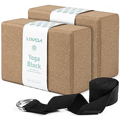 Lixada Yogablock Kork 2pcs mit 1pcs Verstellbarem Yoga Stretching Strap Yoga Block 3er Set Stabil&rutschfest 100% Naturkork für Anfänger und Fortgeschrittene