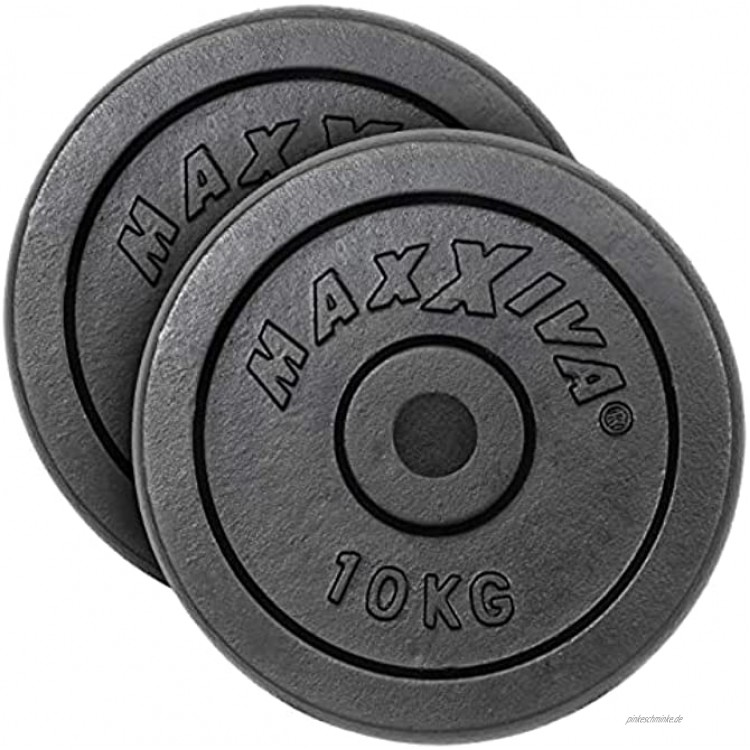 MAXXIVA® Hantelscheiben 2er Set Gewichtsplatte je 10 kg 100% Gusseisen schwarz 20 kg Fitness Krafttraining Bodybuilding Workout Gewichtheben Reha