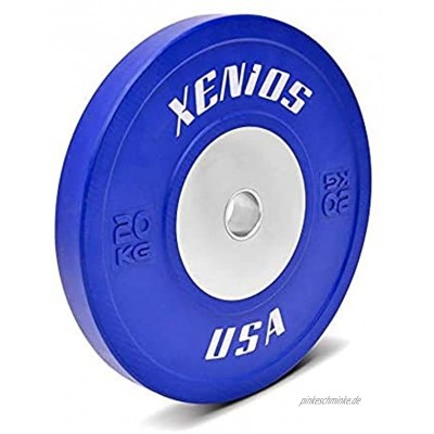 Xenios USA Gummi Competition Bumper Plate mit Zentraler Edelstahlplatte Blau 20 kg PSBPCRBPL20