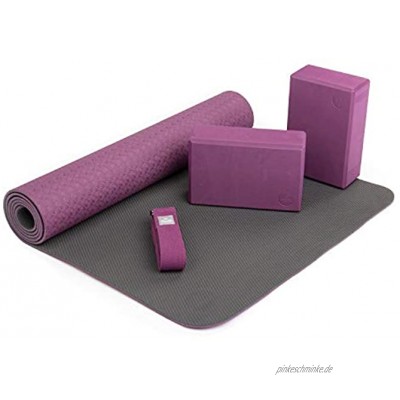 Bodhi Yoga Starter-Set Komplett | Set bestehend aus: 1 Yogamatte aus TPE 2 Yoga-Bricks aus Eva Moosgummi und 1 Yoga-Gurt aus Baumwolle | Einsteiger-Set für Yoga-Anfänger